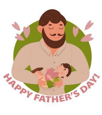 Koyu saçlı, sakallı ve bıyıklı bir baba uyuyan oğlunu kollarında tutuyor. Babalar günü için vektör stoku çizimi. Babalar günün kutlu olsun. Kawaii kartpostallar için tatil illüstrasyonu