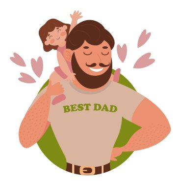Koyu saçlı, sakallı ve bıyıklı bir baba kızını omuzlarında tutuyor. Üzerinde en iyi baba yazan tişört. Babalar Günü için vektör illüstrasyonu. Kawaii tatil illüstrasyonu