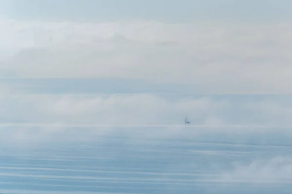 Sailboat Sailing High Seas Covered Clouds Fog — Stock Photo, Image