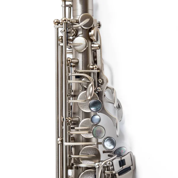detail of silver saxophone isolate on white