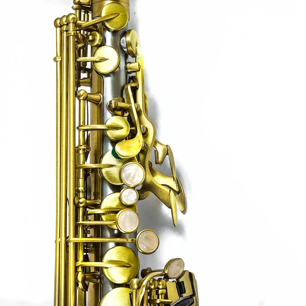 Detail Golden Saxophone Isolate White — Zdjęcie stockowe