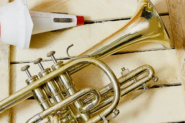 Cornet and mute on wooden background — Stock Photo, Image