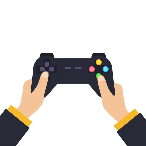 Mãos segurando gamepad sem fio. ilustração vetorial em design plano sobre fundo azul — Vetor de Stock