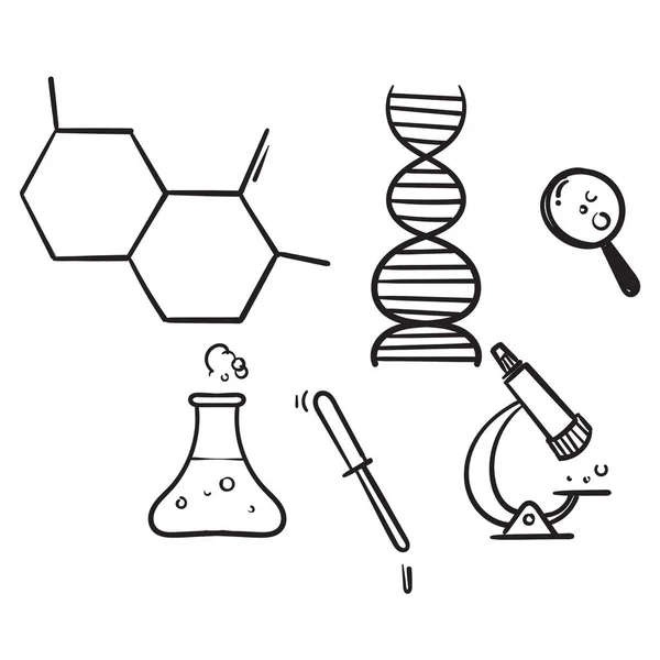 Çizimi Kimya Laboratuvarı Seti Çeşitli Deneyleri Cam Eşyalar Karalama Stilinde — Stok Vektör