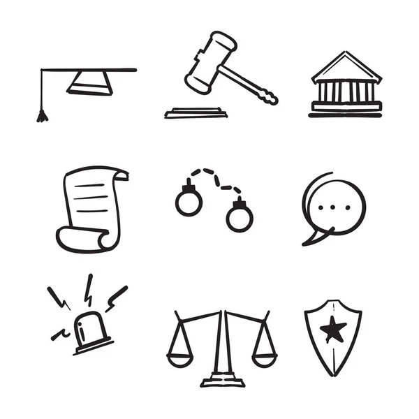 Dibujado Mano Ley Justicia Iconos Línea Establecer Ilustración Vectorial Boceto — Vector de stock