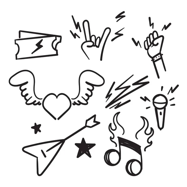 Dibujado Mano Doodle Rock Roll Conjunto Iconos Relacionados Ilustración Aislado — Vector de stock