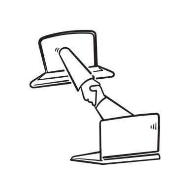 El çizimi, dizüstü bilgisayardan çıkar ve projenin sembolünü dağıtmak için el sıkışır. karalama tarzında