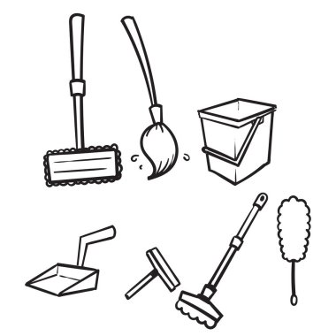 El çizimi ev işi temizlik ekipmanı, süpürge ve süpürge illüstrasyon vektörü izole