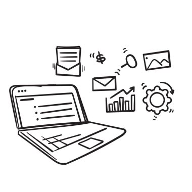 Elle çizilmiş, sayfaları açık bilgisayar. Posta ve iş hizmeti konsept çizim vektörü.