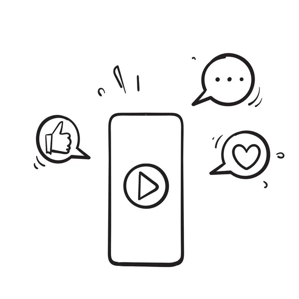 Ręcznie Rysowane Doodle Mobile Video Play Social Media Akcji Wektor — Wektor stockowy
