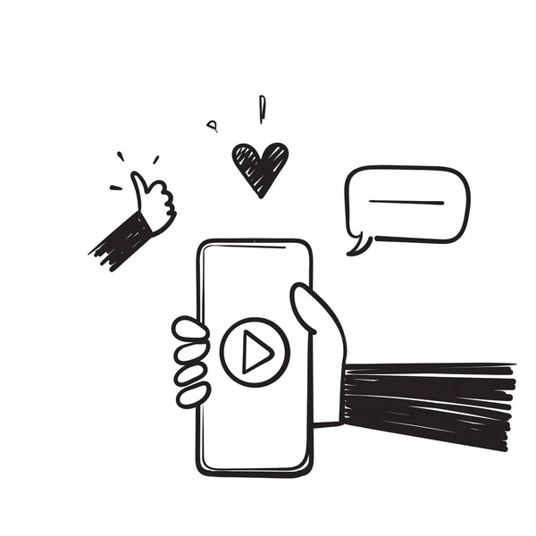 Ręcznie Rysowane Doodle Mobile Video Play Social Media Akcji Wektor — Wektor stockowy