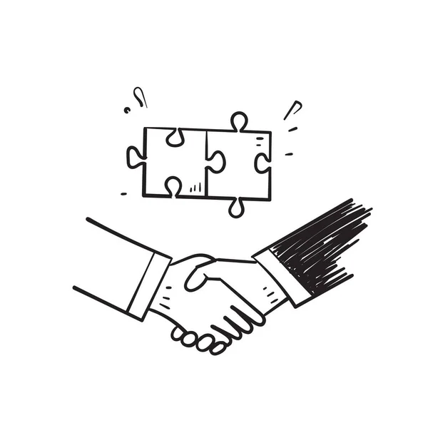 Mano Disegnato Doodle Stretta Mano Puzzle Simbolo Partnership Strategica Illustrazione — Vettoriale Stock