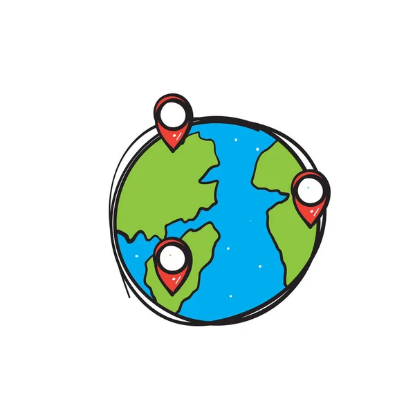 Mano Dibujado Globo Mapa Pin Icono Símbolo Para Gps Ubicación — Vector de stock