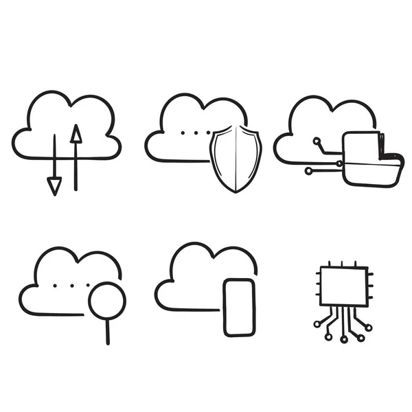 Handgetekende Doodle Cloud Computing Internettechnologie Online Diensten Data Informatiebeveiliging Verbinding — Stockvector