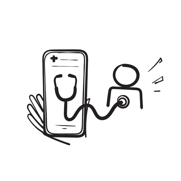 Handgezeichnetes Doodle Handy Und Stethoskop Symbol Für Online Arzt Illustrationsvektor — Stockvektor