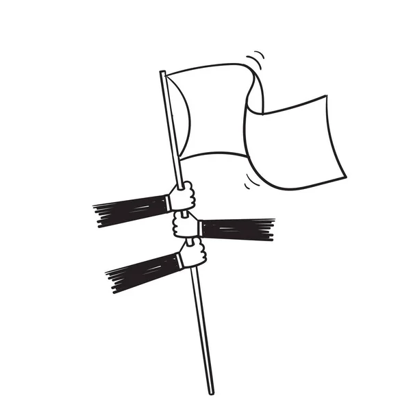 手绘涂鸦手拿着旗子图解符号代表团队合作图解向量 — 图库矢量图片