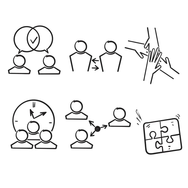 Doodle Desenhado Mão Minimal Teamwork Business Management Icon Set Illustration —  Vetores de Stock