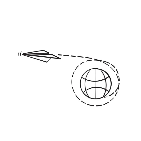 Tracé Main Globe Doodle Papier Avion Piste Symbole Pour Voyage — Image vectorielle