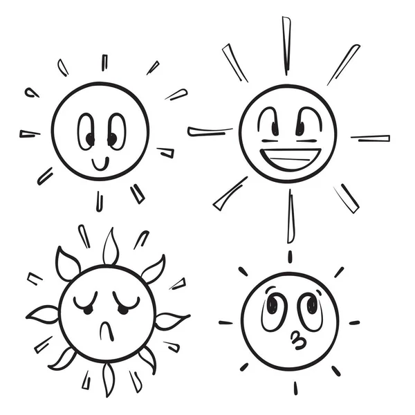 Ręcznie Rysowane Doodle Sun Znaków Ilustracji Wektor Izolowane — Wektor stockowy