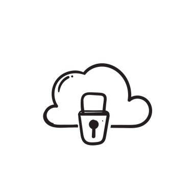 Siber koruma ve güvenlik ikonu illüstrasyon vektörü için el çizimi karalama bulutu ve asma kilit sembolü