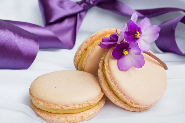 Color macaroons and silver casket on a white background — Stock Photo, Image