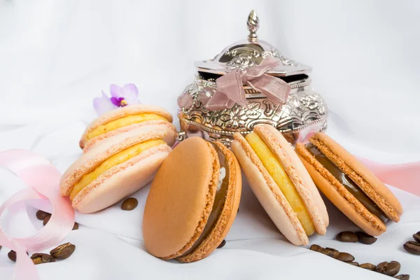 Color macaroons and silver casket on a white background — Stock Photo, Image