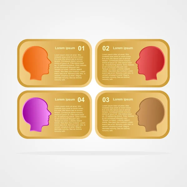 Infografías vectoriales Diseñador con cuatro rectángulos dorados con caras humanas coloridas sobre un fondo gris con sombra — Vector de stock