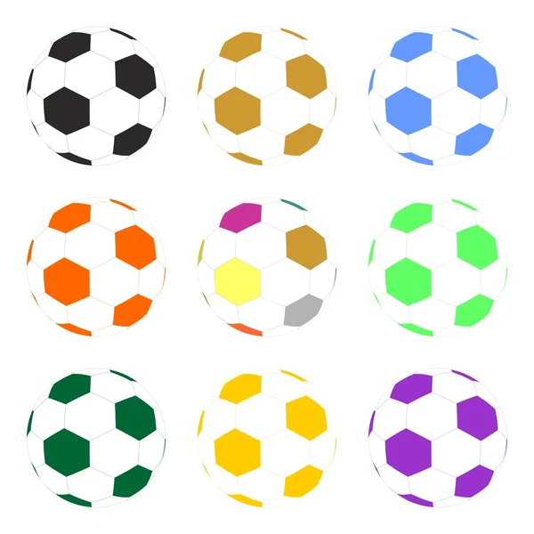 Ensemble de ballons de football gonflés colorés dans une rangée et l'un en dessous de l'autre sur un fond blanc — Image vectorielle