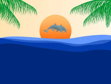 Arka plan ve yeşil Palms iki tarafta turuncu güneş batımında deniz yüzeyi yukarıda atlama yunuslarla tatil yaz manzara