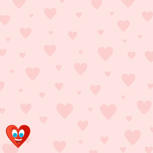 Fondo rosa San Valentín para los enamorados de corazones rosados de diferentes tamaños con una cara de corazón alegre con ojos azules y una boca abierta con lengua y dientes en la esquina inferior izquierda — Vector de stock