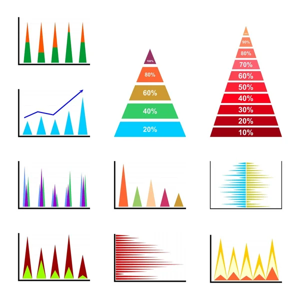 Set de grafice triunghiulare diferite de diferite dimensiuni și culori într-un rând unul lângă celălalt și unul sub celălalt pe un fundal alb — Vector de stoc