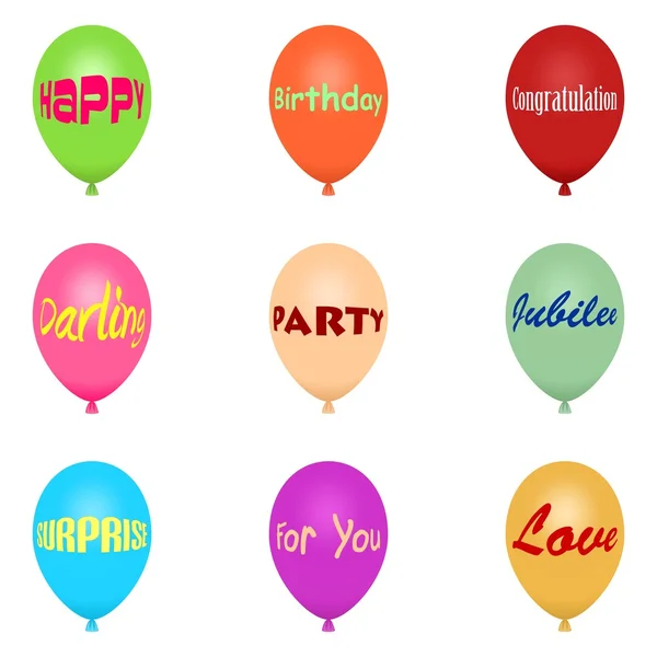 设置的五颜六色的飞行气球膨胀以爱各种题字，周年纪念，分享行和低于其他白色背景上的一个 — 图库矢量图片