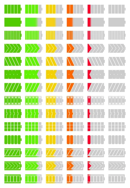 Conjunto de diferentes ícones coloridos do nível de carga da bateria totalmente carregado após a descarga completa, verde, amarelo, laranja, vermelho em um fundo branco — Vetor de Stock