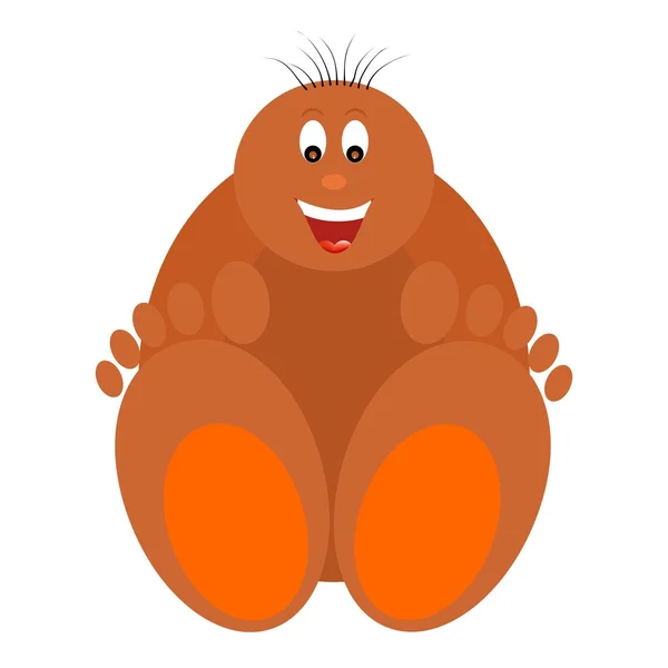 Figurine marron assise avec de grands pieds avec les orteils avec les mains brunes et le torse avec la tête avec le nez orange, les yeux noirs, les sourcils foncés avec une grande bouche riante, la langue et les dents sur un fond blanc — Image vectorielle