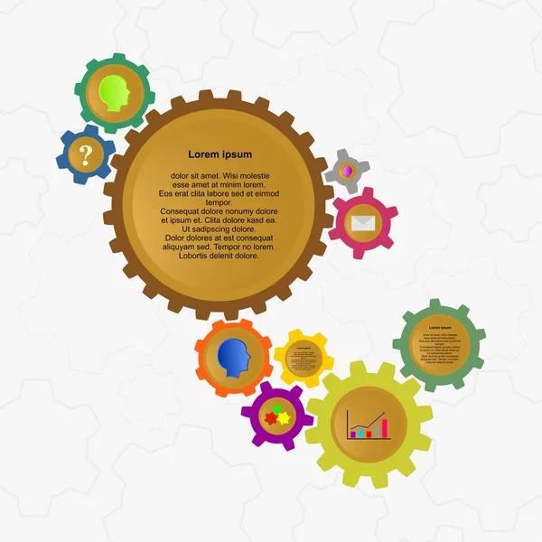 Designer color infographics of colored gears of different colors and sizes, with different icon and label background with gray contours gears
