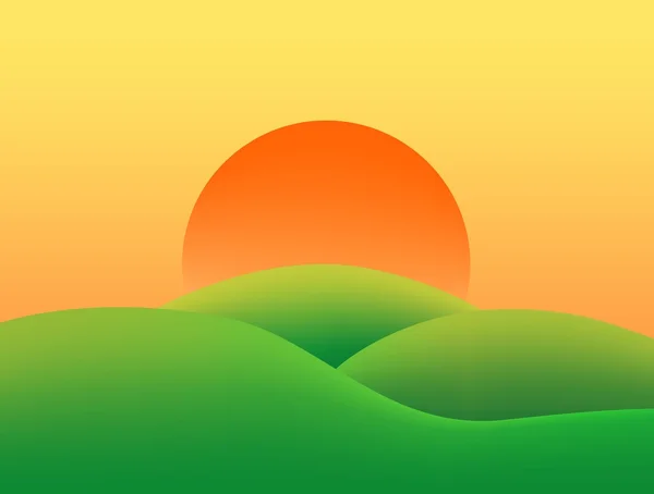 Літній заміський пейзаж з трав'янистими зеленими пагорбами на заході сонця з помаранчевим і жовтим небом сонця — стоковий вектор