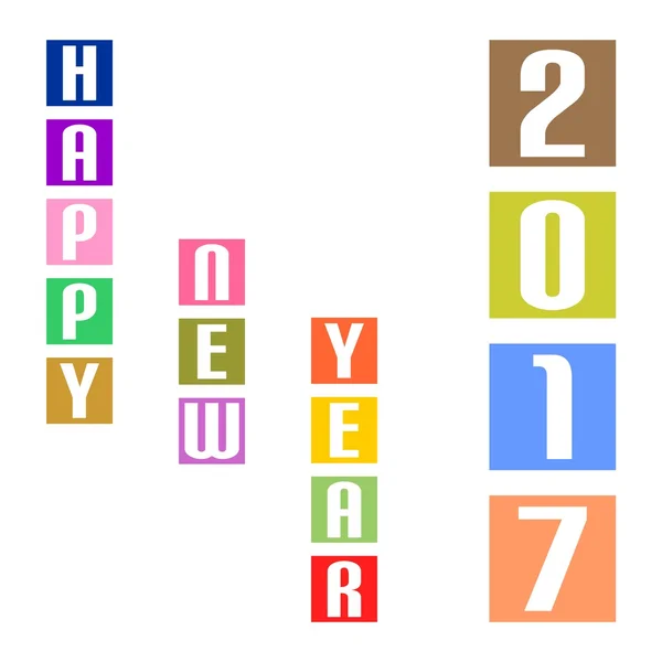 Pozdrowienia noworoczne dla 2017 z kolorowych kostek pod nim w kolumnach z kolorowym napisem szczęśliwy nowy rok 2017 na białym tle — Wektor stockowy