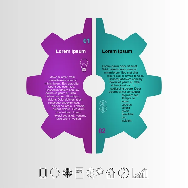 Renkli simgeler dolar ve lambalar gölgeli küçük siyah simgeler cep telefonu, yüz, izle, house, grafik, hedef, iki yarısı oluşan Infographic dişli açıklanan kağıt üzerinde gri bir arka plan