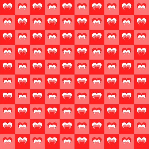 Fondo de San Valentín compuesto de cuadrados de dos colores rojo y con tres corazones coloridos en cuadrados uno al lado del otro alternativamente — Archivo Imágenes Vectoriales