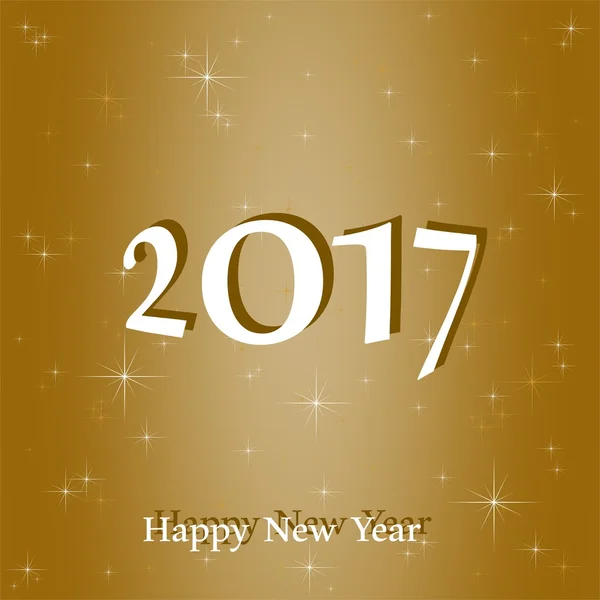 Salutul de Anul Nou aur pentru anul 2017 cu litere albe din 2017 cu umbră și stele albe strălucitoare și inscripție albă Anul Nou fericit cu umbră pe fundal auriu — Vector de stoc