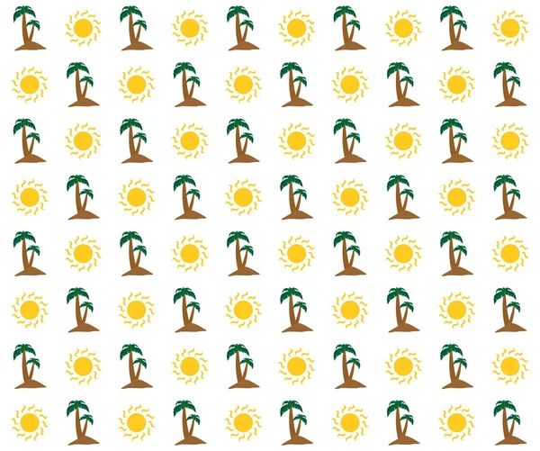 Napsütéses Nyári nyaralás háttér ragyogó sárga nap és barna homokos sziget két zöld pálmafák, zöld levelek és barna törzs egymás után, felváltva fehér alapon — Stock Vector