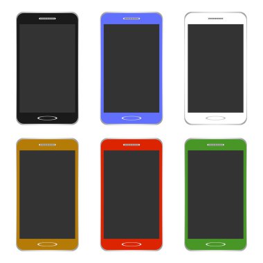 Modern renkli dokunmatik telefonlar farklı kümesi renkler siyah, altın, beyaz, yeşil, kırmızı ve mavi bir siyah ekran hoparlör ve beyaz bir arka plan üzerinde gümüş çerçeveli düğme