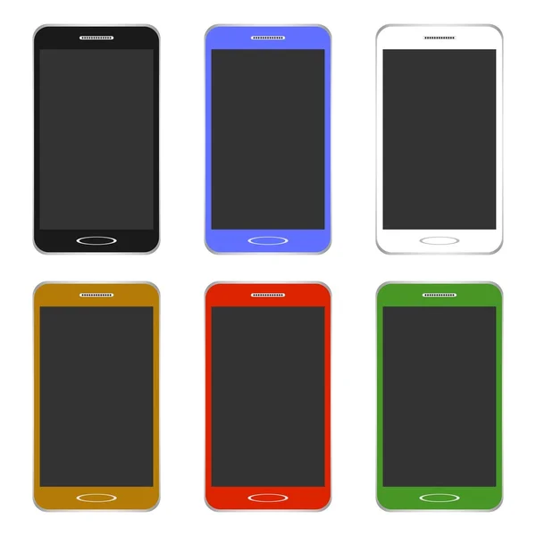 Set of modern color touch phones of different colors black, gold, white, green, red and blue with a black a display speaker and button with silver frame on a white background — Stock Vector