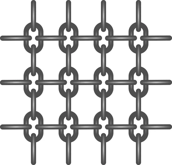 Catena in ferro con maglie in ferro collegate in fila orizzontalmente e verticalmente alternativamente.Griglia in ferro costituita da catene in acciaio su fondo bianco — Vettoriale Stock