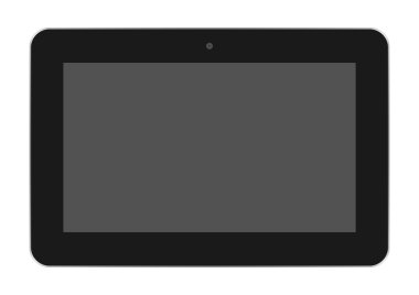 Gerçekçi siyah tablet gümüş çerçeve ve üst orta beyaz zemin üzerinde bir kamera ile karanlık bir ekran kapalı