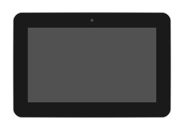 Realistic black tablet off a dark screen with a silver frame and a camera at the top center on a white background — Stock Vector