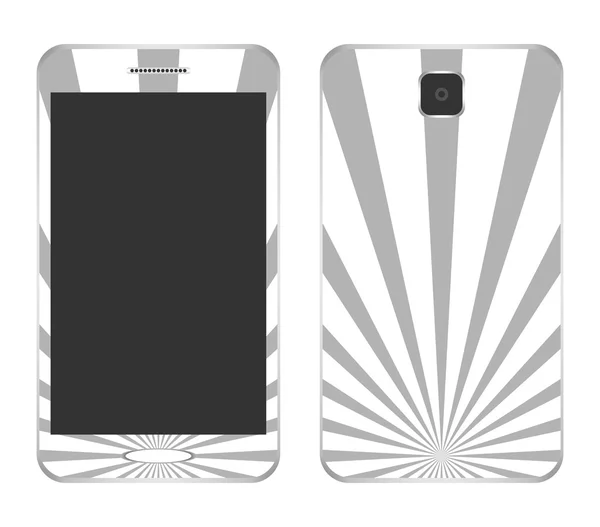 Altavoz de teléfono móvil de diseño blanco con rayos grises desde el centro del botón frontal y detrás de la cámara sobre un fondo blanco — Archivo Imágenes Vectoriales