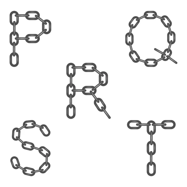 As letras do alfabeto P, Q, R, S, T, feitas de cadeias de ferro de aço conectadas segmentos em um fundo branco. Letras cinzentas escuras — Vetor de Stock