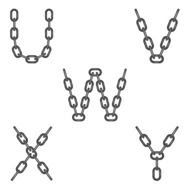 Harfleri U, V, W, X, Y, alfabesi yapılmış çelik demir zincirleri bağlı parçaların beyaz zemin üzerinde. Koyu gri harfler