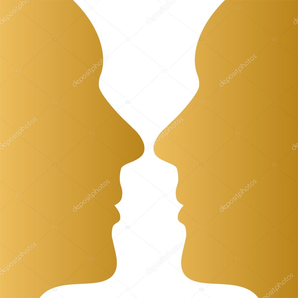 Two gold human faces opposite each other on a white background. White decorative goblet on a gold background. Eye illusion